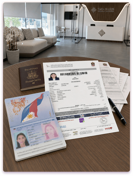 Maid visa documents and passport on a desk in Dubai