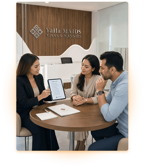 Yalla Maids team reviewing a maid visa package with a Dubai family