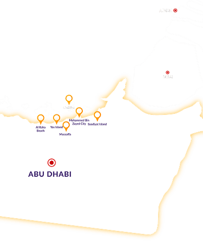 Map of Abu Dhabi showing Yalla Maids coverage in Saadiyat Island, Yas Island, Al Raha Beach, Khalidiya, Mussaffah and Mohammed Bin Zayed City