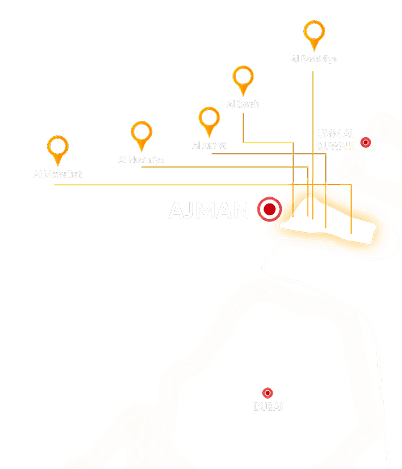 Map of Ajman showing Yalla Maids coverage in Al Mowaihat, Al Nuaimiya, Al Jurf, Al Zorah and Al Rashidiya