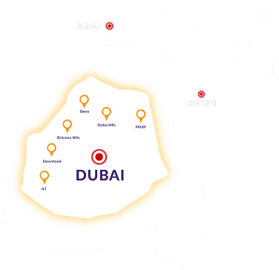 Map of Dubai showing Yalla Maids coverage in Deira, Dubai Hills, Mirdif, Emirates Hills, Downtown and JLT