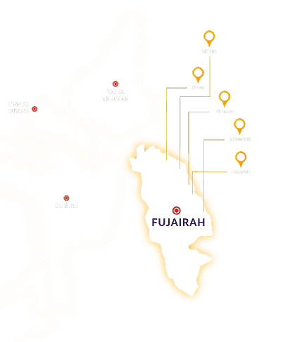 Map of Fujairah showing Yalla Maids coverage in Mirbah, Dibba, Al Faseel, Sakamkam and Merashid