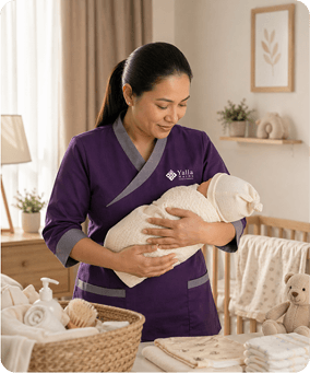 Live-in nanny providing newborn care in a Dubai home nursery