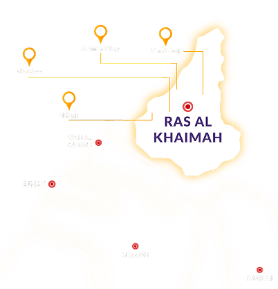 Map of Ras Al Khaimah showing Yalla Maids coverage in Al Hamra Village, Mina Al Arab, Al Nakheel and Al Dhait