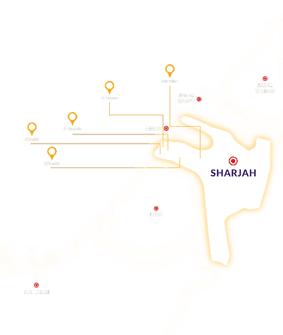 Map of Sharjah showing Yalla Maids coverage in Muwaileh, Al Taawun, Al Qasimia, Al Majaz and Al Nahda