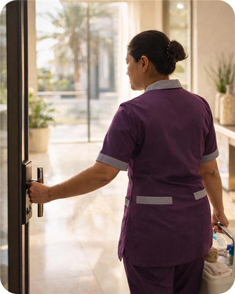 Live-out maid arriving at a family home